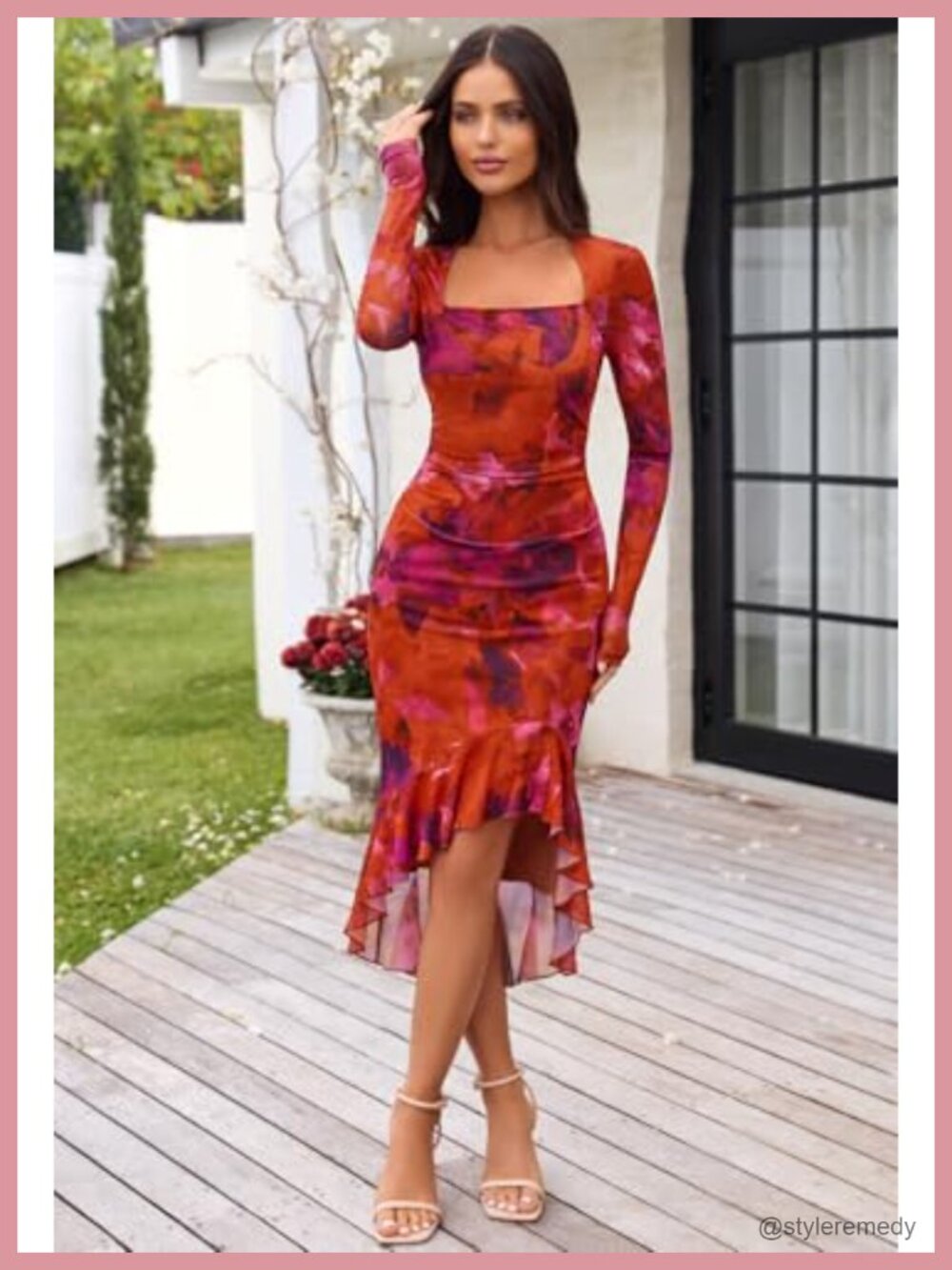 Women's Long Sleeve Bodycon Midi Dress Square Neck Ruched Side Mesh Floral - Picture 2 of 6